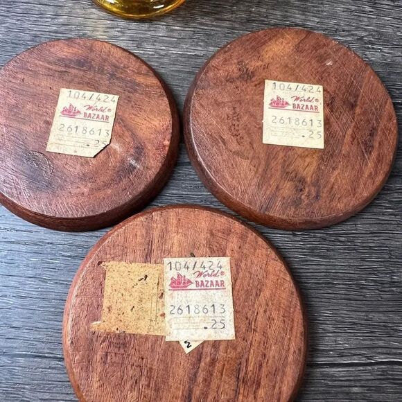 Vintage Bundle of Hand Crafted Wood Coasters from India & Gold Depression Glass - Picture 6 of 6